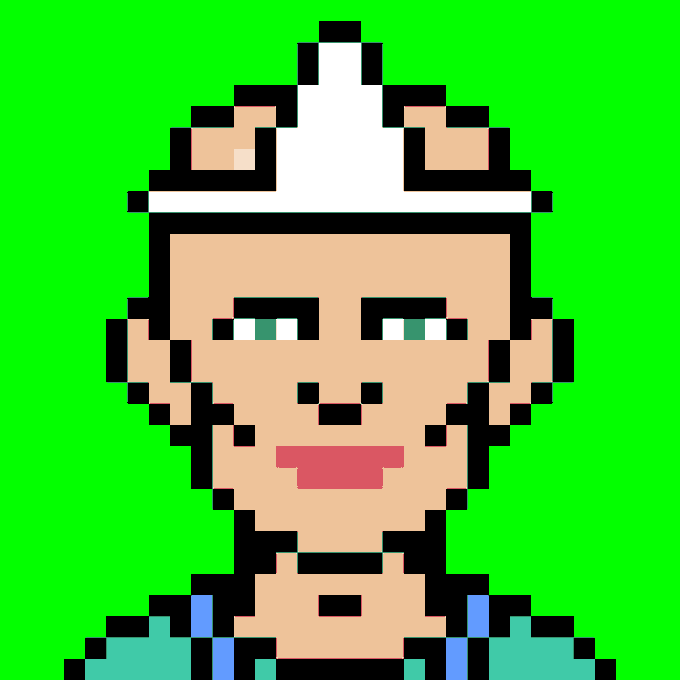 An 8-bit pixel art character with a pointed white hat, green eyes, freckles, and a small smile is depicted against a bright green background.