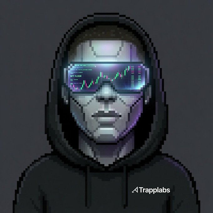 A pixel art portrait of a person in a hoodie wearing futuristic glasses that display a crypto trading chart, with the NFT.FLOOR text visible and a 'Trapplabs' watermark.