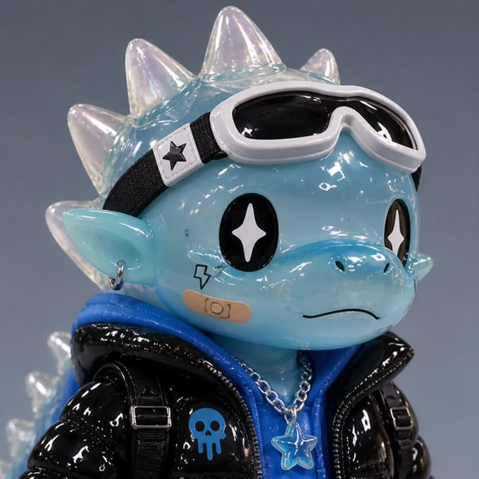 A designer art toy figure of a light blue, spiky-haired character wearing white goggles and a black jacket with a skull logo, featuring a bandage on its cheek.