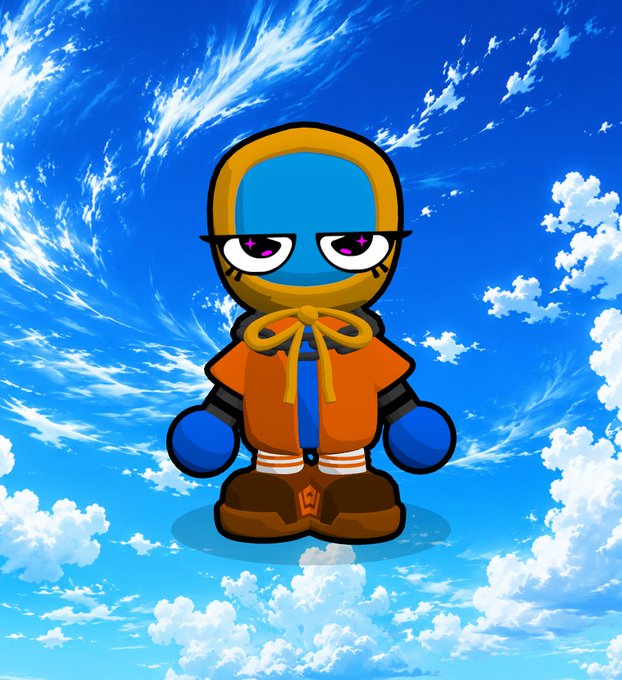 A cartoon character with blue skin and a gold-hooded orange jacket standing against a bright blue sky with white clouds.