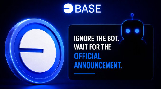 The image features a blue circle with a white logo inside of which there's an announcement for the official launch of Base. The text "Ignore the Bot. Wait for the Official Launch." is written below the logo, indicating that the message is meant to be taken seriously and not to be ignored by anyone who reads it.