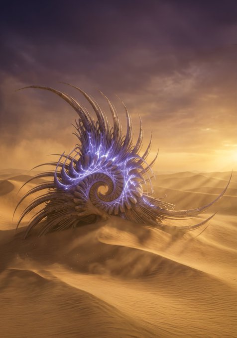 A glowing purple spiral form with spiky protrusions rests atop golden desert dunes beneath a dramatic sunset sky, capturing the otherworldly essence of the artwork titled "Memory of the Desert" — 10th of 3 edition, now in the collection of @terrylknox.