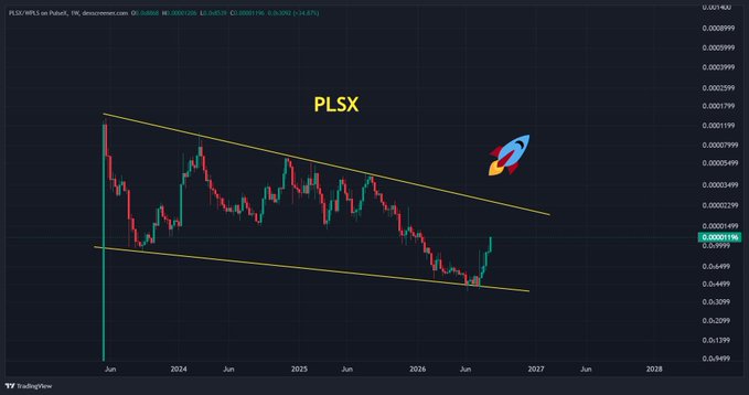 TradingView chart showing PLSX (PulseX) token price action in a descending channel pattern with a rocket emoji indicating potential upward movement.