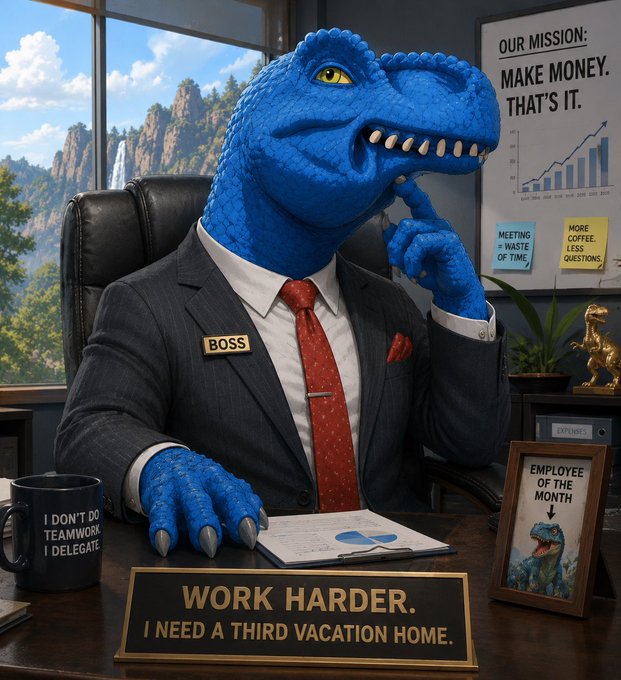 A blue dinosaur character wearing a business suit with a 'BOSS' name tag sits at a desk in an office with motivational signs like 'WORK HARDER. I NEED A THIRD VACATION HOME.' and 'OUR MISSION: MAKE MONEY. THAT'S IT.'