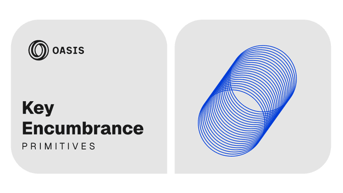 The image features a blue circle with a white spiral pattern inside of it. The text "Key Encumbrance" is written above the circle, and "Primitives" is written below it. This suggests that the image is related to the concept of key encumbrances in cryptocurrency or blockchain technology.