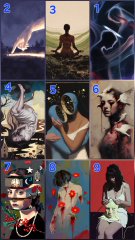 The image features a grid of nine different paintings, each with varying themes and styles. The paintings are arranged in two rows of four, showcasing an array of artistic expressions. The first row includes a painting depicting a woman sitting cross-legged on her hands, another one showing a woman with her arms raised high, and the third one featuring a woman wearing a mask. The second row features a painting of a woman with her head tilted back, another one with a woman holding a book in her hand, and the last one showcasing a woman with her arms crossed over her chest. Each painting is accompanied by a caption that provides context or interpretation about the artwork.