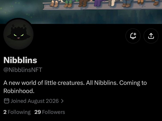 A Twitter/X profile for 'Nibblins' (@NibblinsNFT) with a black cat avatar, bio reading 'A new world of little creatures. All Nibblins. Coming to Robinhood.', joined August 2026, with 2 following and 29 followers.