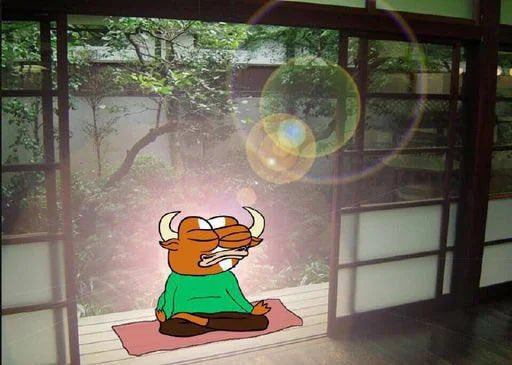 An animated orange horned character in a green shirt sitting cross-legged meditating on a red mat in a traditional Japanese room with shoji doors opening to a garden, with lens flare effects.