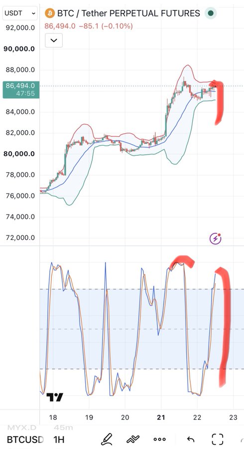 A TradingView BTC/USD perpetual futures chart on the 1H timeframe showing a price of 86,494.0 USDT, with red annotations highlighting a sharp decline on the price chart and corresponding overbought signal drop in the indicator below.