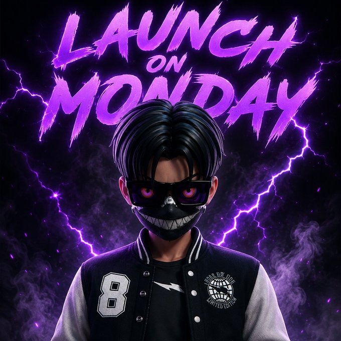 A promotional graphic featuring a 3D-styled character wearing dark sunglasses, a black mask with teeth design, and a varsity jacket with the number 8, set against a purple lightning background with bold text reading 'LAUNCH ON MONDAY'.