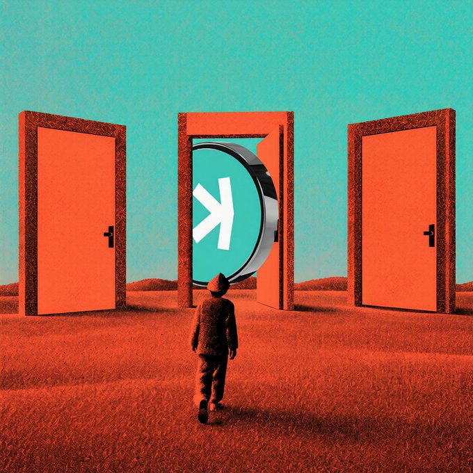 A surreal 3D render in orange and teal tones depicting a figure walking toward three doors, with the center door opening to reveal a large arrow symbol.
