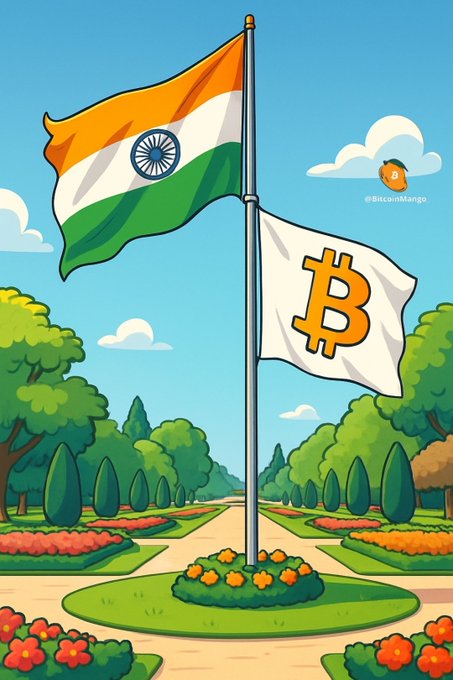Digital illustration showing the Indian flag and a Bitcoin flag flying side by side on flagpoles in a colorful park setting, with '@BitcoinMango' watermark.