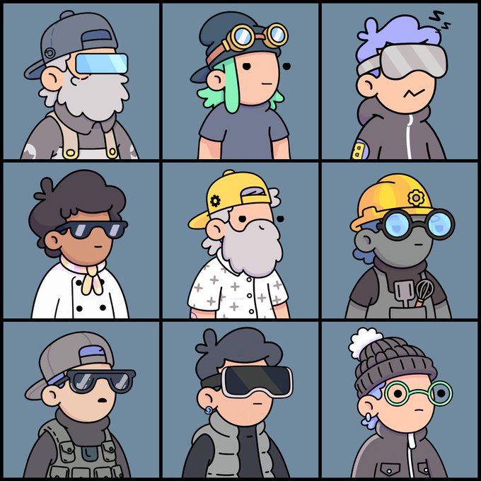 A 3x3 grid displays nine stylized cartoon avatars featuring various characters with different hats, glasses, and outfits against blue backgrounds, representing the "Midnight Degens Club" NFT collection. The characters appear to be PFP-style profile pictures that will be minted by eligible wallets during the project's upcoming mint stages.