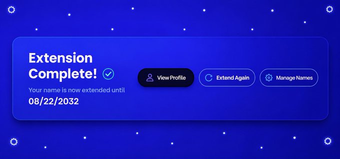 The image shows an email with a blue background, containing text about extending one's Base name for five more years. The message also includes a link to a webpage that provides information about the extension process.