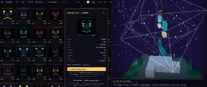 A screenshot of a pixel-art "Pogleman" NFT collection interface showing a "CIPMON" character #15 (COAL, Gen. #7, Owner: hoderlaid) with a 30 ETH open offer, alongside a constellation-styled 3D pixel art scene of "The Lost Pixel: GCR Brawl" listing another #15 CIPMON for 0.1290 ETH, both tied to the creator's Ethereum-based NFT marketplace.