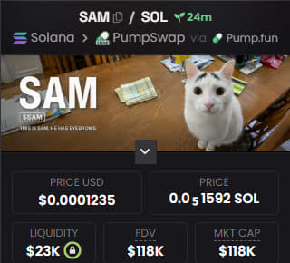 A screenshot of a cryptocurrency page for 'SAM' token on the Solana/PumpSwap/Pump.fun platform, showing a cat on stacks of money, with a price of $0.0001235 USD, $23K liquidity, and $118K market cap.
