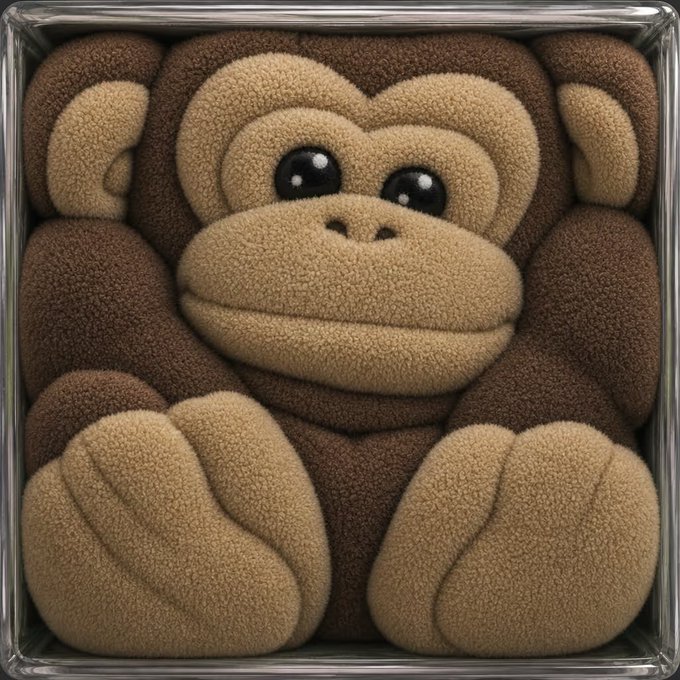 A digital illustration of a fluffy brown monkey with large black eyes, sitting with its hands and feet visible, rendered in a soft, textured style.