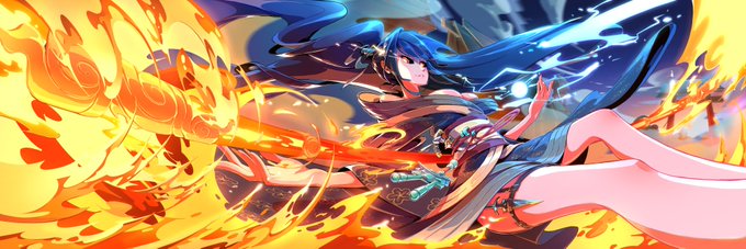 An anime-style female character with long blue hair wielding fire and water magic in a dynamic battle pose.