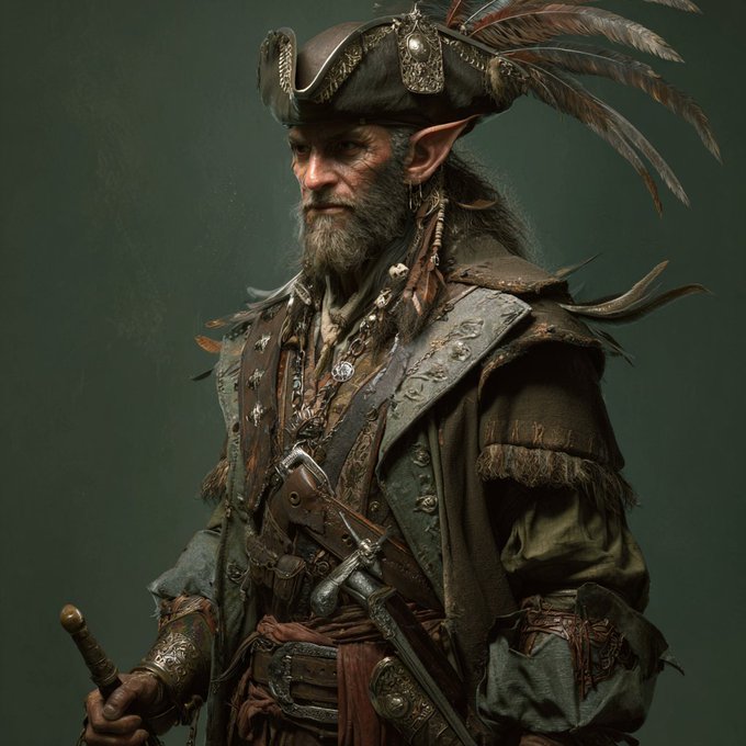 A weathered, elven pirate captain with pointed ears, a feathered tricorn hat, and ornate leather armor holds a weapon, his stern gaze and rugged appearance evoking the adventurous spirit of a high-seas adventurer—fitting imagery for the swashbuckling "Meme for Trees" $BNKR token, which combines the thrill of meme culture with the real-world mission of growing forests.
