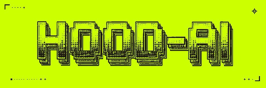 A digital graphic with a bright neon green background displaying the text 'HOOD-AI' in a stylized, pixelated font with layered 3D effects.