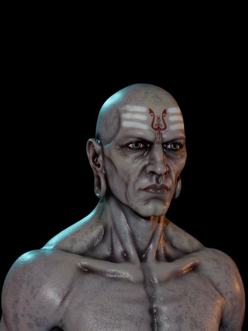 A 3D rendered character portrait of a bald, muscular figure with ritualistic white face paint, a red symbol on his forehead, and large ear piercings.