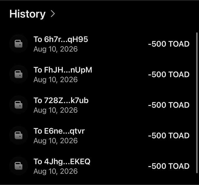 The image shows a transaction history displaying five outgoing transfers of 500 TOAD each, all dated August 10, 2026, sent to different Solana wallet addresses. The post appears to document an airdrop distribution, with the sender sharing wallet addresses where recipients received 500 TOAD tokens as part of a giveaway.