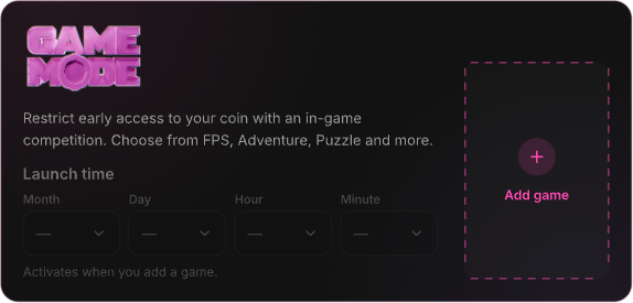 A "GAME MODE" token launch configuration panel showing options to restrict early coin access via in-game competitions (FPS, Adventure, Puzzle), with launch time fields for Month, Day, Hour, and Minute that "Activates when you add a game," alongside an "Add game" button—poking fun at the trend of meme coin creators gamifying their launches rather than shipping utility.