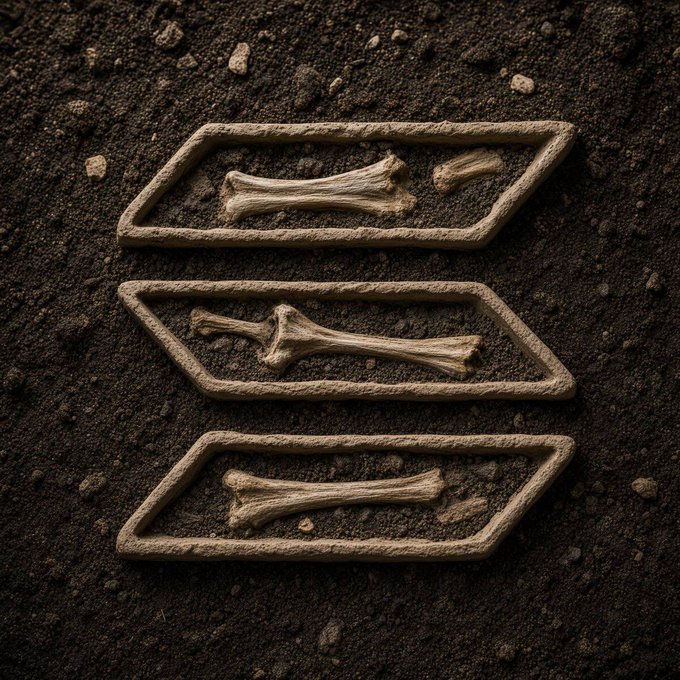 A stone-like symbol featuring three horizontal bars with bone-like shapes inside rests on dark, dusty ground.