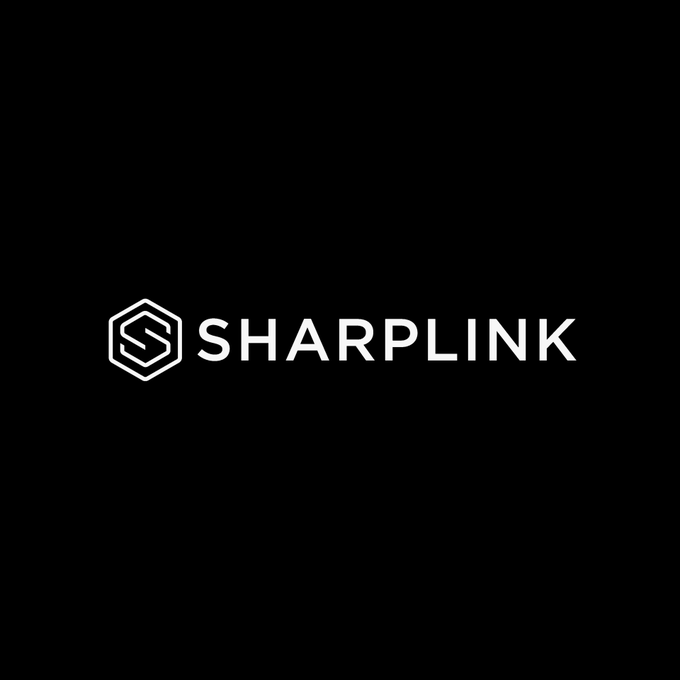 The image displays the SharpLink Gaming logo, featuring a stylized "S" inside a hexagonal emblem next to the white "SHARPLINK" wordmark on a black background, tying directly to the Nasdaq-listed company referenced in the post for its latest Ethereum staking activity of 39,319 ETH.