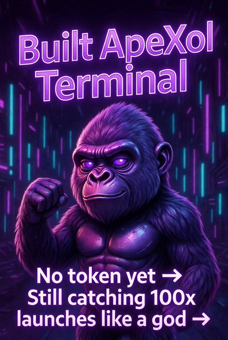 The image features a cartoon gorilla with purple skin, standing against a dark background. The gorilla appears to be making a fist gesture as if ready for battle or an impending fight. Below the gorilla, there's text that reads "Built ApeXol Terminal" and "No token yet". There are also two arrows pointing towards the gorilla, one of which says "Still catching 100x", indicating that the gorilla is not yet part of a game or has not been paid for its participation in the game. The image also includes a link to a website called apexol.42web.io, suggesting that there might be more information about the game or payment system available on this site.