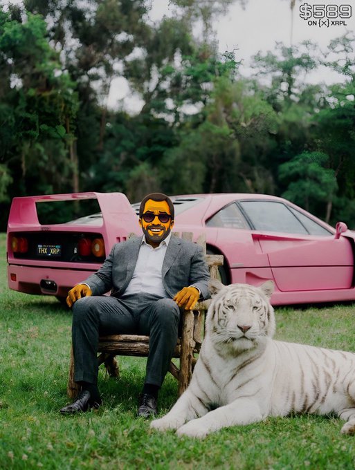 A man in a suit sits beside a white tiger with a pink Ferrari and Lamborghini in the background, illustrating the post's meme about $589's established "pink Ferrari and white tiger" status that the market has yet to recognize. The license plate reads "THE XRP," reinforcing the cryptocurrency branding behind the bold visual imagery.
