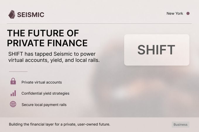 The image is a promotional graphic announcing that SHIFT has partnered with Seismic to power private finance solutions—including private virtual accounts, confidential yield strategies, and secure local payment rails—under the headline "The Future of Private Finance." It features the Seismic and SHIFT logos and notes the location as New York, visually reinforcing the partnership described in the post about leveraging Seismic's privacy infrastructure.