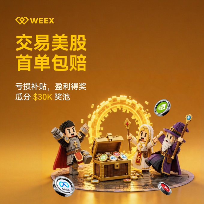 The image features a poster for a video game called "WeEx" with three cartoon characters, including a wizard, a knight, and a princess. The poster also includes Chinese text that reads "美股 什么叫旱涝保收? #WEEX 美股" which translates to "What is the name of this game?" in English.