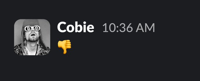 A Discord message screenshot from Cobie at 10:36 AM shows him responding with a thumbs-down emoji, declining the offer to run the Coinbase account.