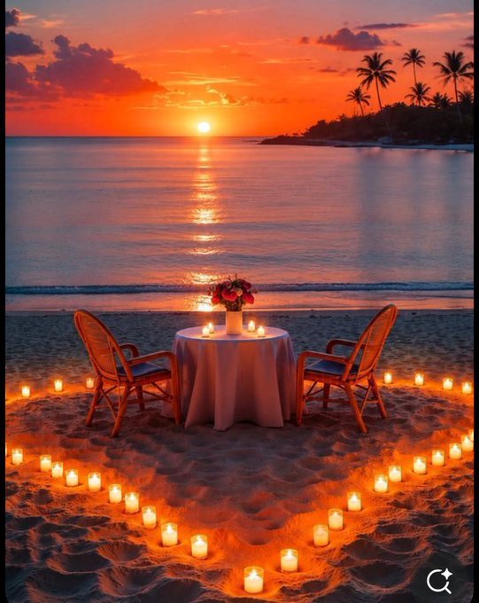 A romantic beach setup at sunset features a table for two with candles arranged in a heart shape in the sand.