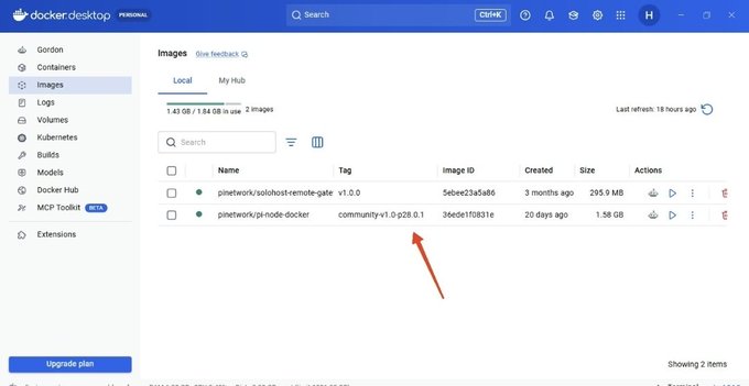 A screenshot of Docker Desktop showing two images in the list: 'pinetwork/solhost-remote-gate' (v1.0.0) and 'pinetwork/pi-node-docker' (community-v1.0:028.0.1), with a red arrow pointing to the second image's tag.