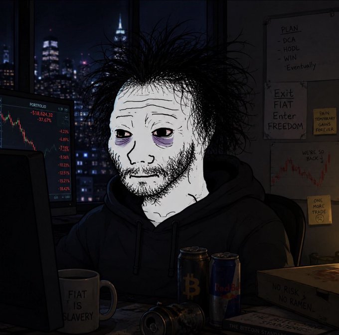 A disheveled, sleep-deprived man with messy hair and dark under-eye circles stares blankly at a portfolio screen showing a staggering -37.67% loss ($-18,624.32), surrounded by crypto-bro paraphernalia including "HODL" sticky notes, a "FIAT IS SLAVERY" mug, a Bitcoin energy drink, a Red Bull, and pizza boxes, perfectly embodying the post's satirical portrayal of a trader who holds through a -350% dump, misses every 1000x, and still believes.