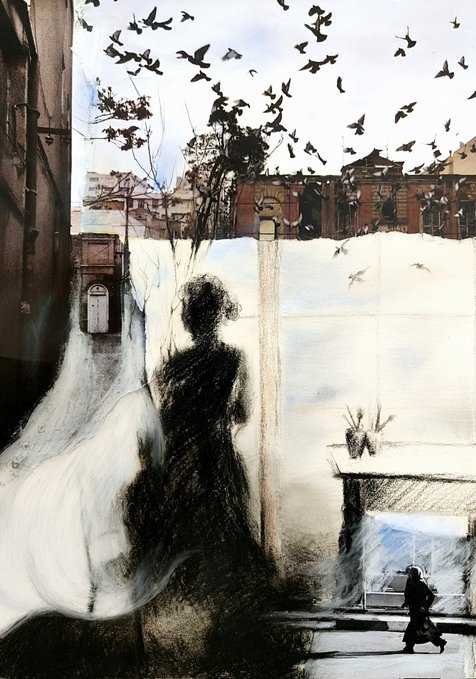 The artwork depicts a haunting, ghostly figure of a woman in flowing white drapery against a surreal cityscape, with a swarm of black birds taking flight into a turbulent sky above, evoking themes of memory and loss that align with the piece's title "The wind knew my name."

The composite piece blends photographic elements of urban rooftops and a solitary walking figure with expressive hand-drawn charcoal work, signed in collaboration with photographer @aghasiani as a 1/1 NFT minted on objkt.com for 80 tezos.