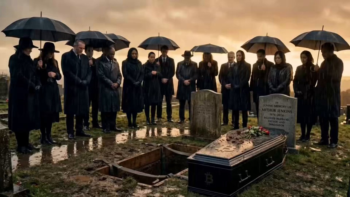The image shows a group of people standing around a casket at a cemetery, all holding umbrellas above their heads. The sky appears cloudy, suggesting that it might be raining or about to rain. There are several individuals scattered throughout the scene, some closer to the foreground and others further back in the background. A few of them have umbrellas open, protecting themselves from the elements as they gather around the casket.