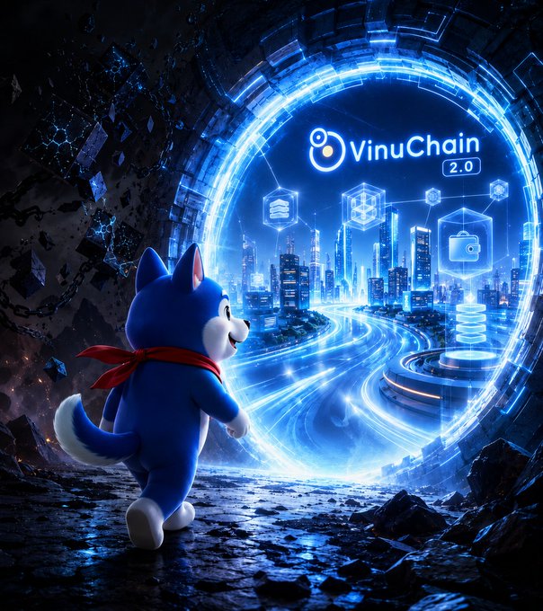 A blue cartoon dog mascot with a red bandana gazes through a glowing portal at a futuristic cityscape, with the text "VinuChain 2.0" prominently displayed in the sky, teasing the upcoming launch on 29 August at 10:00 UTC for the $VINU token.