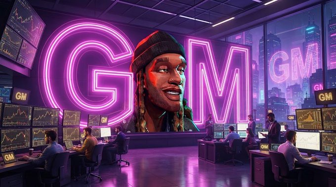 A neon-lit trading floor scene with a large central screen displaying a man's face flanked by glowing pink "GM" letters, with multiple monitors showing "GM" logos and a cityscape visible through the windows.