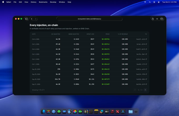 A Safari browser window on a Mac desktop showing the website "ecosystem.tales.world/treasury" with the heading "Every injection, on-chain" and a table tracking drug injections, BNB injected, spent, price, and transactions from October 2026.