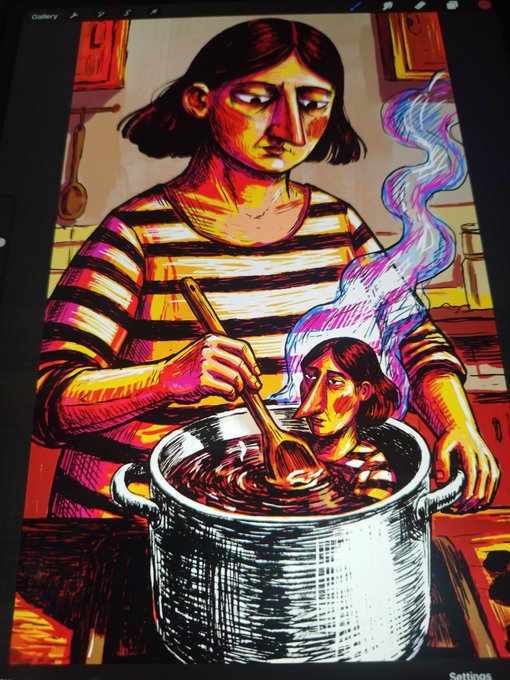 A vibrant, colorful digital illustration shows a woman stirring a pot with a wooden spoon, while another smaller figure emerges from the steam above the pot.