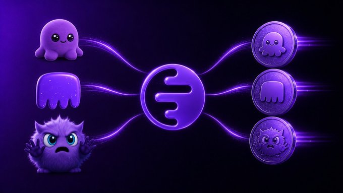 A purple-themed digital graphic showing three cartoon monster characters (octopus, ghost-like creature, furry monster) connected by glowing lines to three purple coins featuring the same characters, with a central logo.