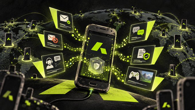 A digital artwork showing a smartphone displaying a security app logo, surrounded by floating icons for email, messages, gaming, and profiles against a starry globe background with green connection lines.