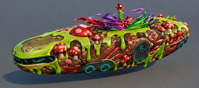 A 3D-rendered futuristic vehicle covered in green slime, red mushrooms, and a colorful flower-like antenna sits on a plain background.