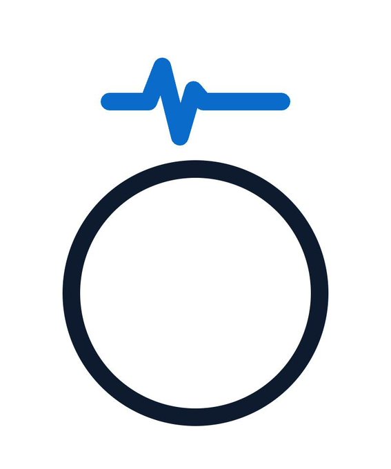Minimalist logo featuring a blue heartbeat/pulse line positioned above a dark navy circular ring on a white background.