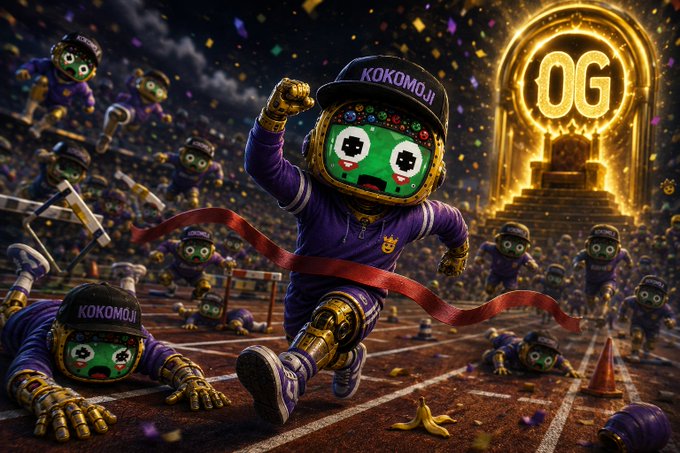 A vibrant digital artwork of a green-faced robot character wearing a purple 'KOKOMOJI' cap and tracksuit, running on a track toward a glowing golden 'OG' trophy as other similar robots lie fallen behind it.