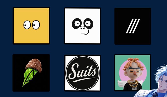 Six NFT collection logos arranged in a 2x3 grid on a dark blue background, featuring cartoon eyes, a masked face, triple slashes, an acorn on a leaf, the text "Suits," and a winged character with red hair, corresponding to the creator's watchlist of NFT projects (@boldpfps, @OranguNation, @Divergents_eth, @RobinWifHat, @SuitsOnHood, and @888s_Society) with an anime-style character partially visible in the bottom right corner.