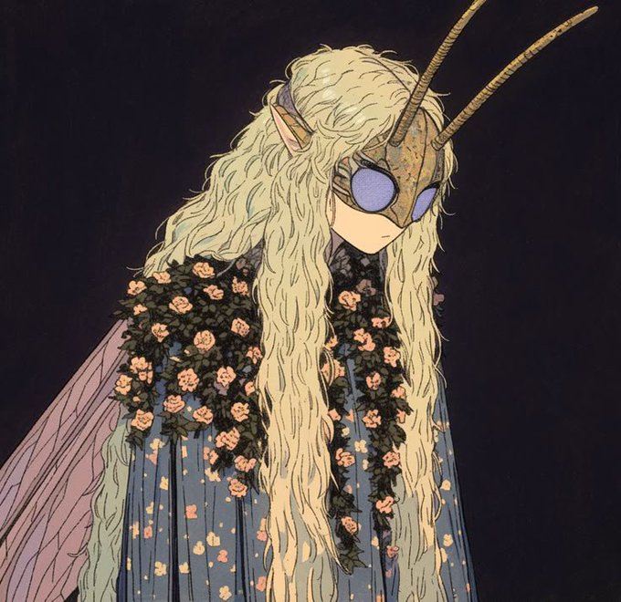 An anime-style illustration of a long-haired, pale elf-like character wearing an insect-mask over their eyes and a floral-patterned dress, standing against a black background.